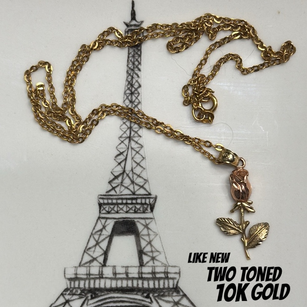 Like New Necklace-Single Rose Detail-2 Toned Yellow Gold/Rose Gold with Chain - Picture 2 of 15